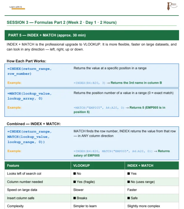 Learn with G lesson on INDEX and MATCH formulas